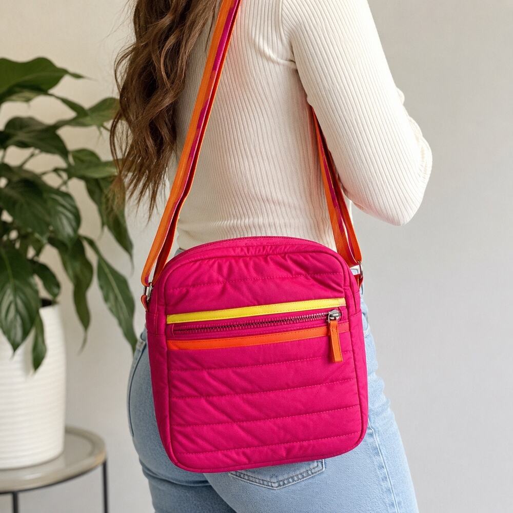 Sondra Roberts Neon Pink Quilted Crossbody Bag Colorblock Yellow Orange